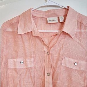 🍑 Chico's Lightweight Peach Button Down Long Sleeve Tabs Semi-Sheer Shirt 2, L